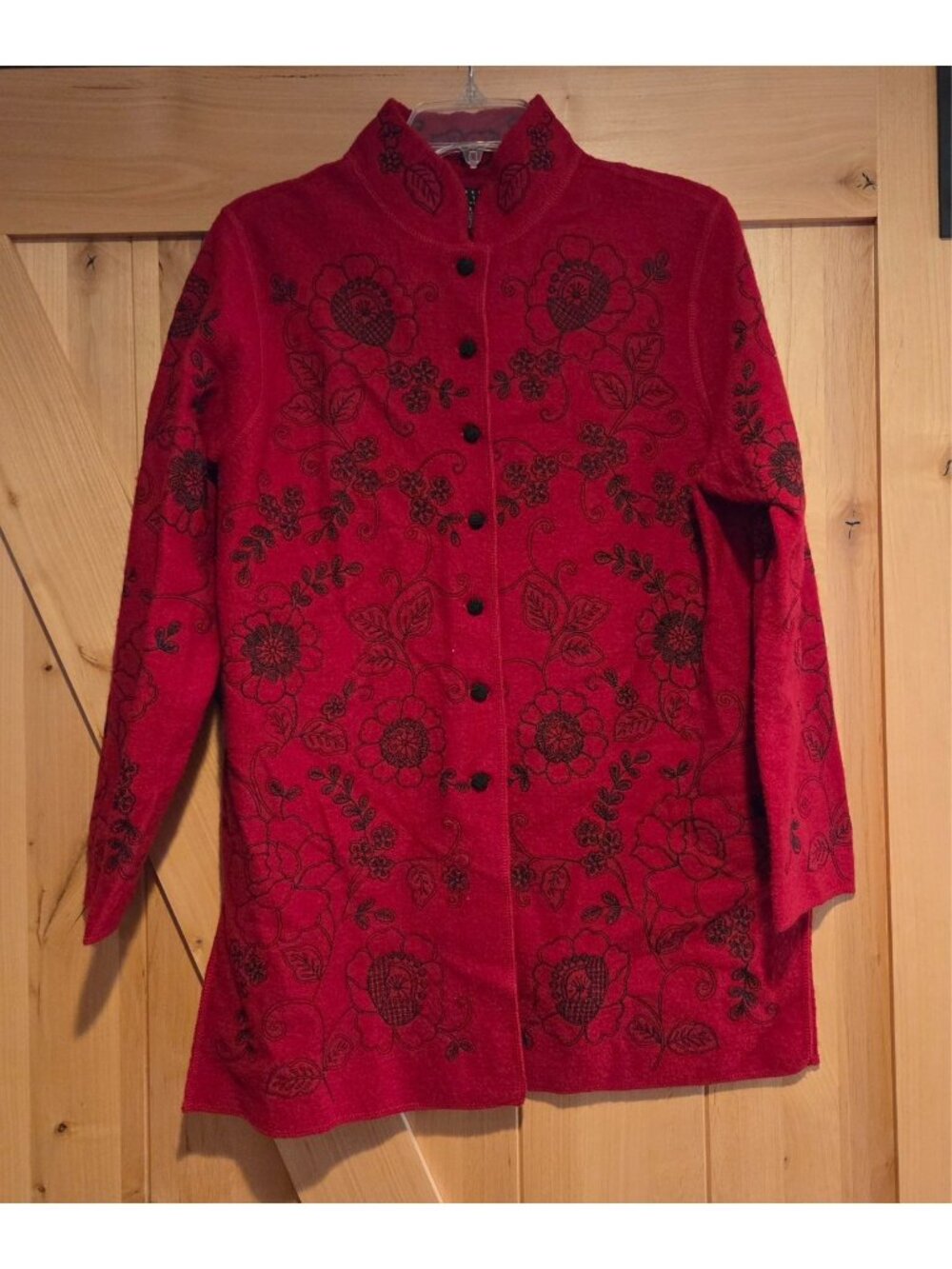 Carole Little Womens 1X Red Black Embroidered Cardigan Sweater Asian Feel Wool